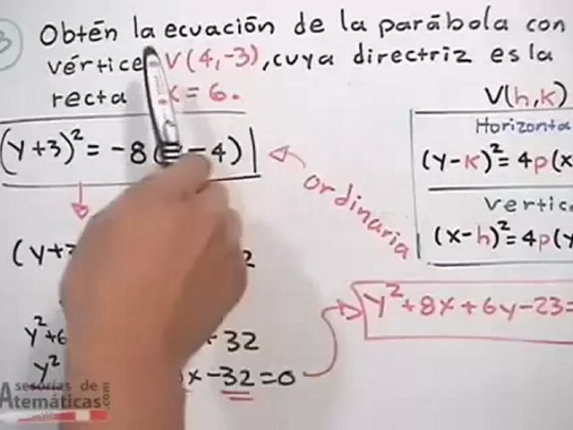 Obtener la ecuación de la parábola dado su vértice, foco o directriz (PARTE  2) - Vídeo Dailymotion