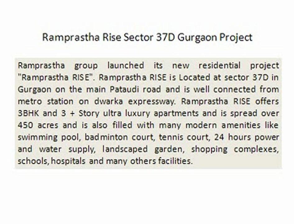 Ramprastha Rise Sector 37D Gurgaon Project 9899606065 Ramprastha Rise Sector 37D Gurgaon Property Rate