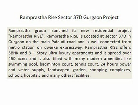 Ramprastha Rise Sector 37D Gurgaon Project 9899606065 Ramprastha Rise Sector 37D Gurgaon Property Rate