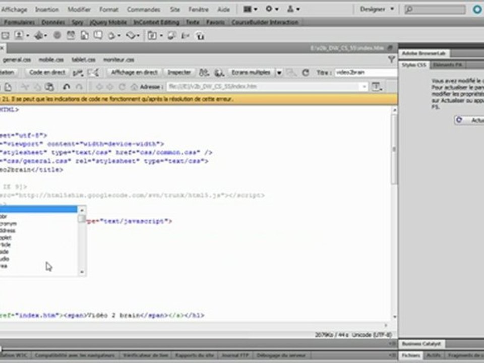 Dreamweaver cs5.5 : Suggestion de code