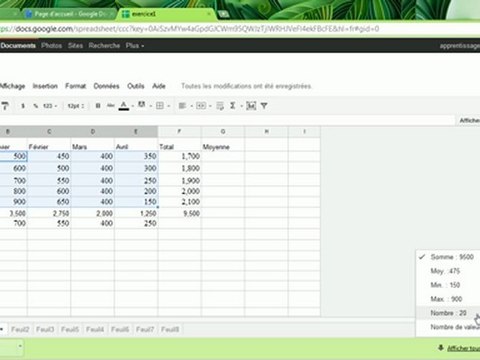 Formules de calcul sur le tableur Google Documents