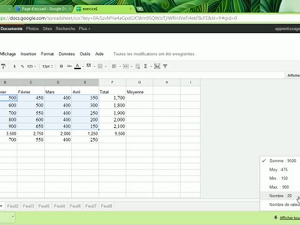 Formules de calcul sur le tableur Google Documents