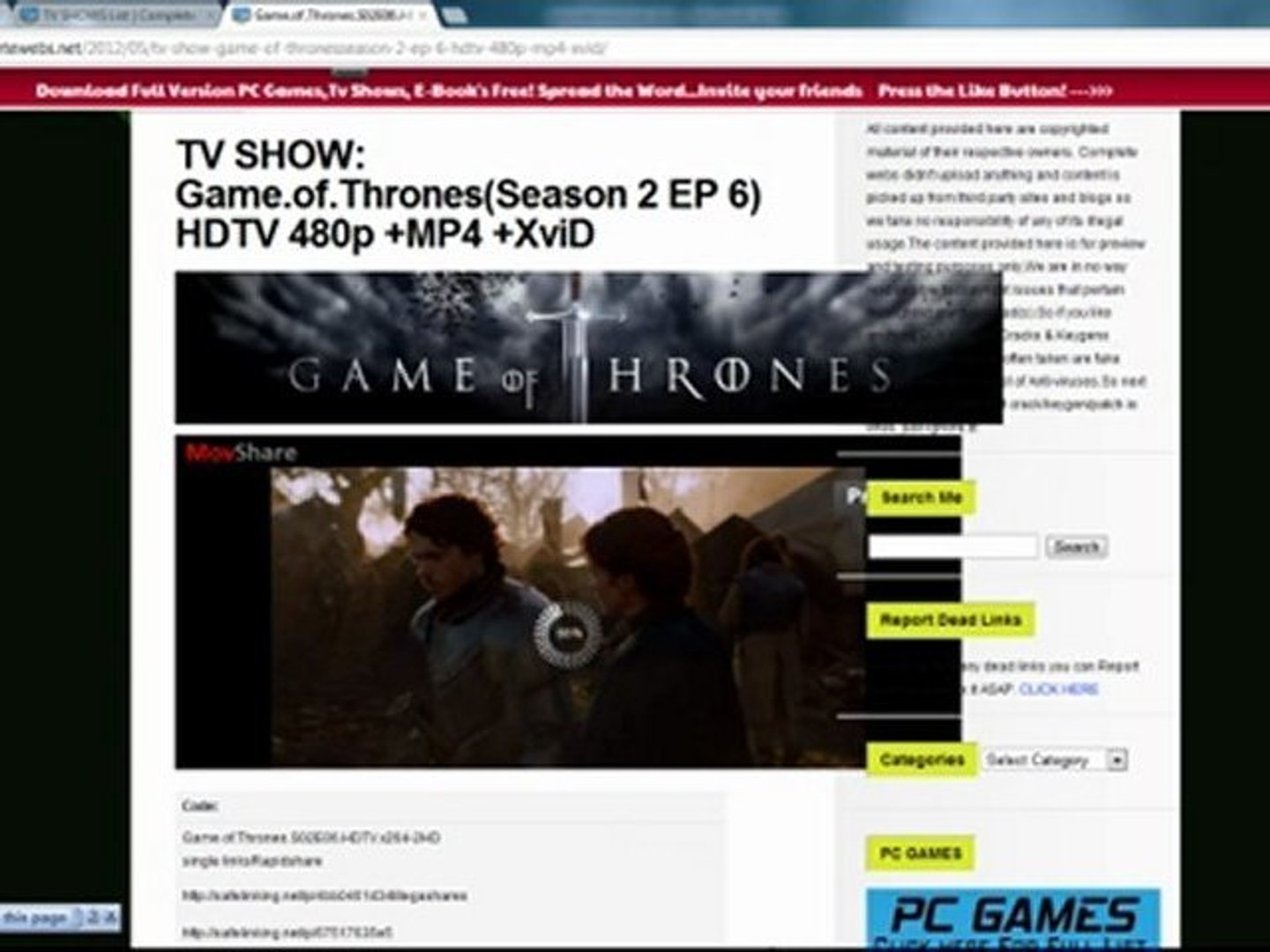 Watch Game Of Thrones Season 2 Ep 6 Hdtv 480p Mp4 Xvid Online
