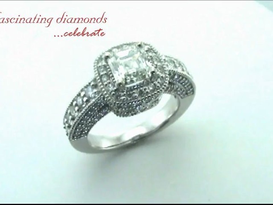 Asscher Cut Halo Vintage Heirloom Diamond Engagement Ring With Milgrain Pave Setting FDENR7731AS