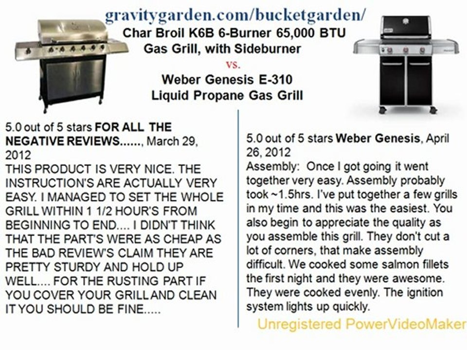 Char Broil K6B 6-Burner 65,000 BTU Gas Grill, with Sideburner  vs.Weber 6511001 Genesis E-310 Liquid Propane Gas Grill, Black