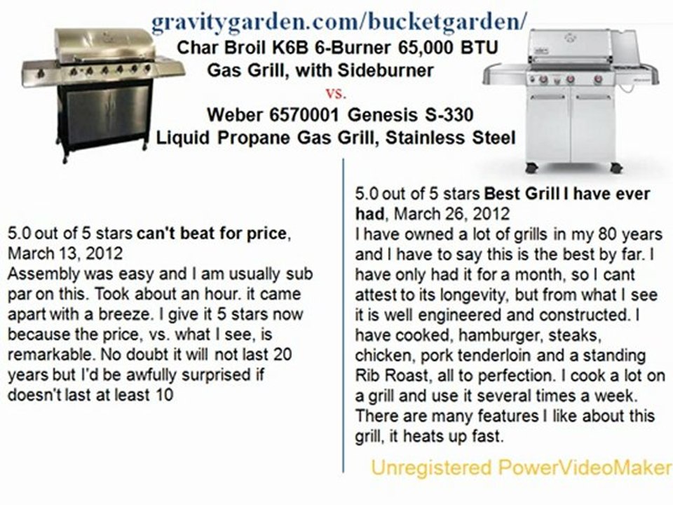 Char Broil K6B 6-Burner 65,000 BTU Gas Grill, with Sideburner  vs.Weber 6570001 Genesis S-330 Liquid Propane Gas Grill, Stainless Steel