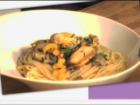 spaghettis aux coques et moules a la mangue et lait de coco