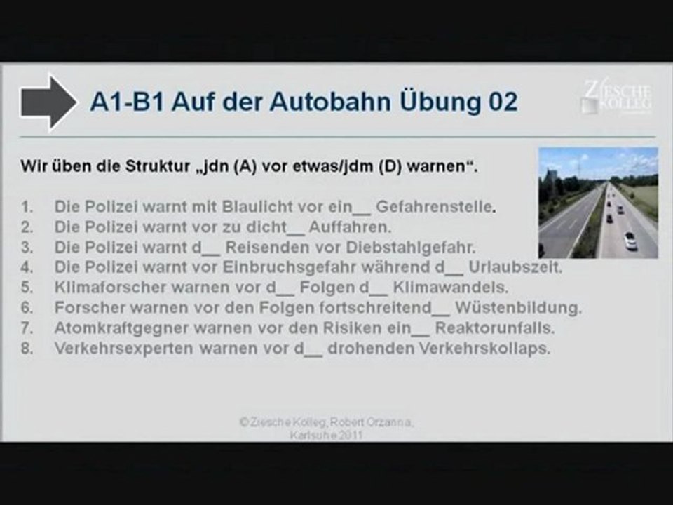 A1-B1 Auf der Autobahn Übung 02 warnen vor + D Deklination