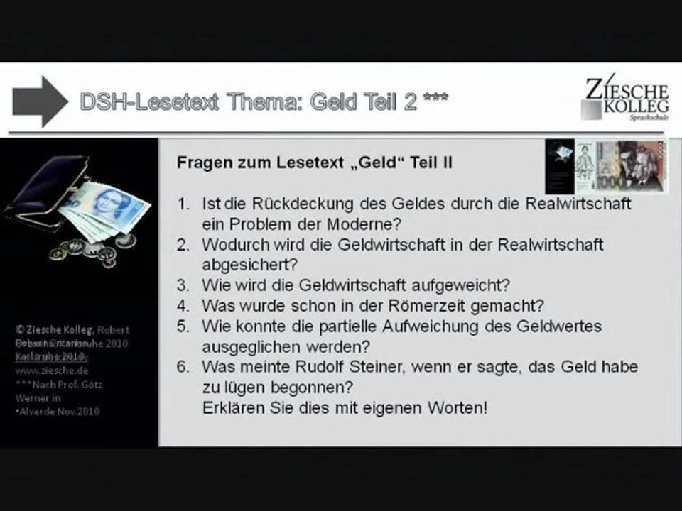 DSH Vorbereitung Lesetext Thema Geld Teil II S.02 Fragen
