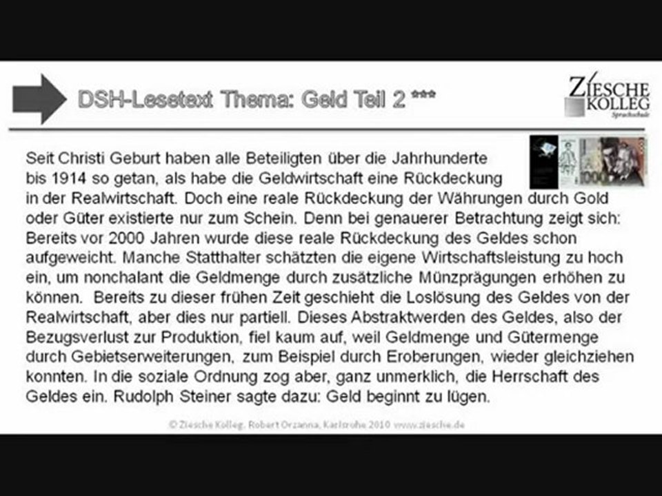 DSH-Kurs Lesetext Thema Geld Teil II S.01