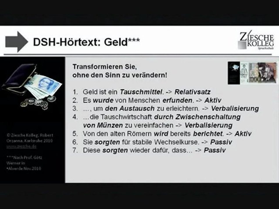 DSH-Kurs Hörtext Thema Geld S.04 Gram.Transformationen