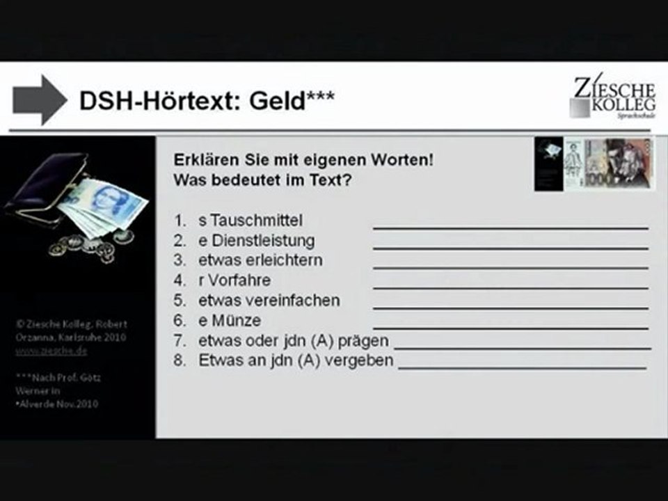 DSH Vorbereitung Hörtext Geld S.03 Erklären Sie...