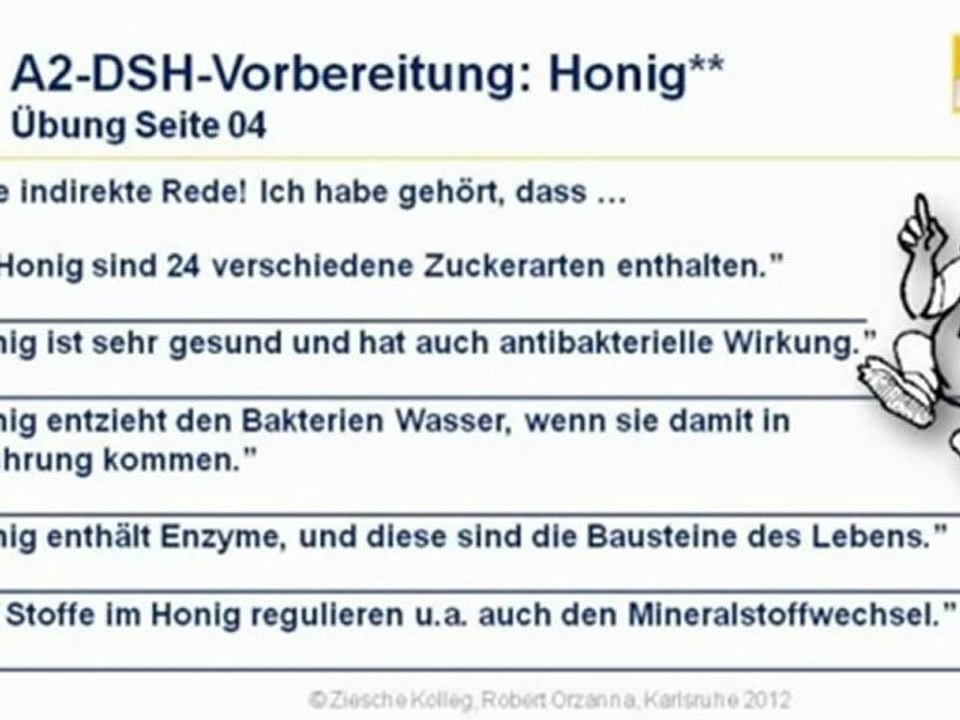 A2-DSH-Vorbereitung indirekte Rede Übung 04 Honig statt Indu