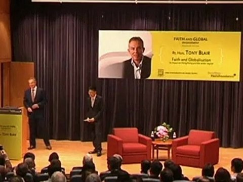 Tony Blair is heckled at a lecture in Hong Kong