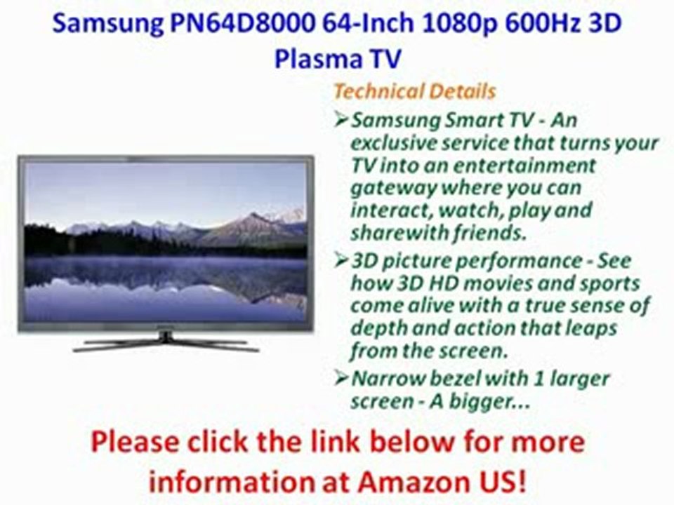 FOR SALE Samsung PN64D8000 64-Inch 1080p 600Hz 3D Plasma TV [2011 MODEL]