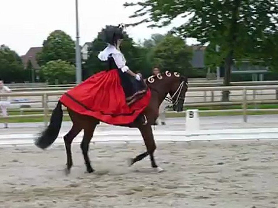 Equitation reprise de dressage d'une alsacienne en costume de tradition