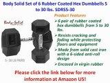 Body Solid Set of 6 Rubber Coated Hex Dumbbells 5 to 30 lbs. SDRS5-30