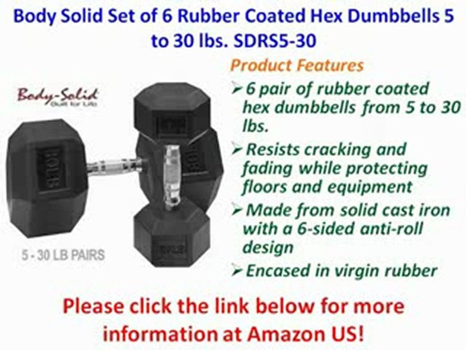 Body Solid Set of 6 Rubber Coated Hex Dumbbells 5 to 30 lbs. SDRS5-30 Best Price