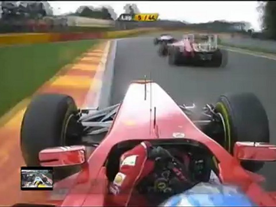 F1 2011 - R12 - Alonso and Hamilton overtake Massa Spa onboard
