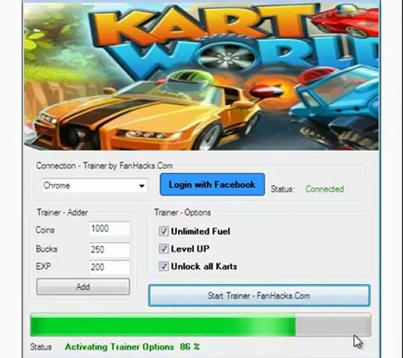KartWorld Facebook Cheats unlimited fuel coins bucks adder free