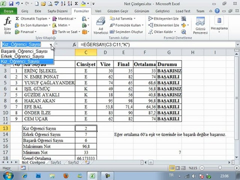 Excel Formüller Sekmesi