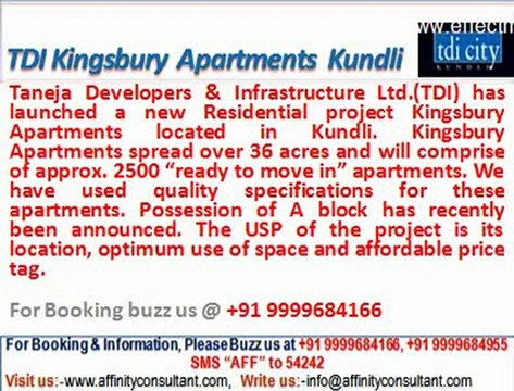 TDI city new Kingsbury Apartment Kundli @ 09999684166