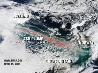 NASA satellite image of Iceland volcano ash plume over Europe