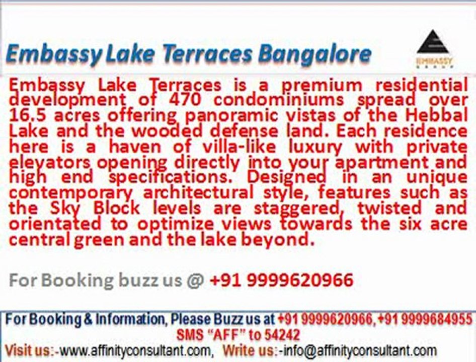 Embassy Group Lake Terraces Hebbal Lake Bangalore @ 09999620966