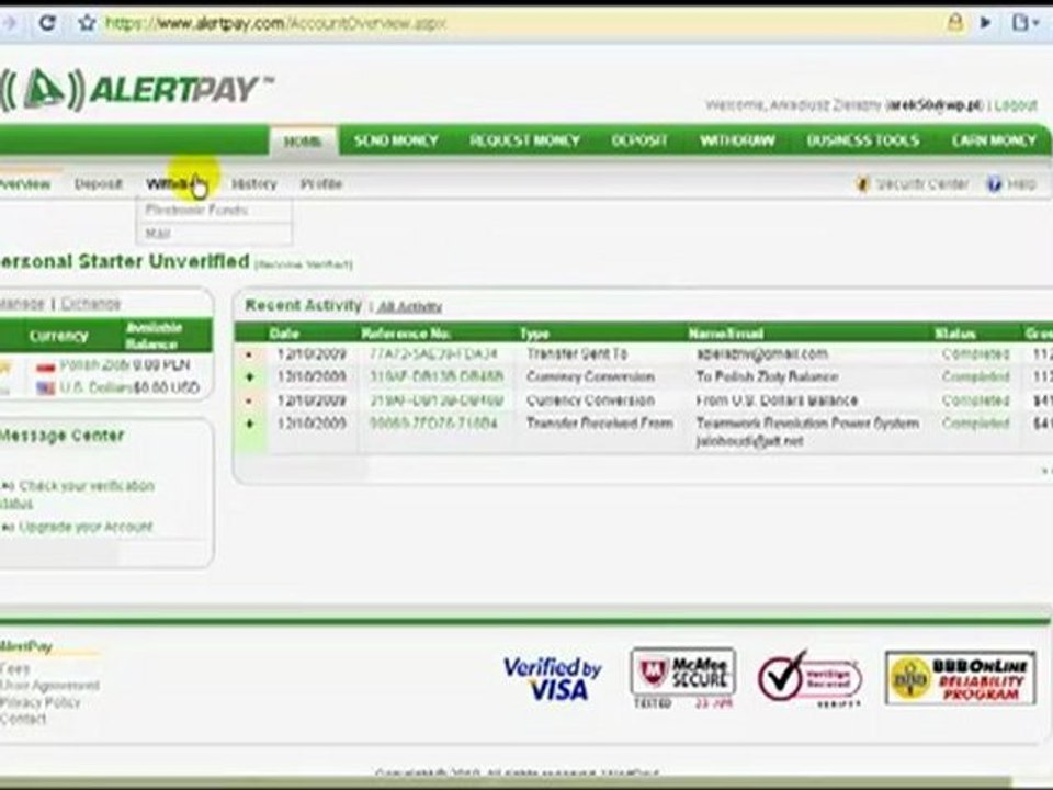 Obsługa konta na AlertPay