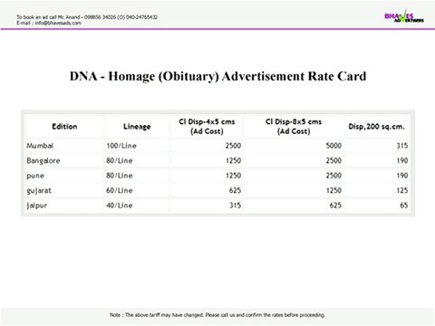 DNA Obituary Homage Advertisement Rate Card - Bhaves Advertisers