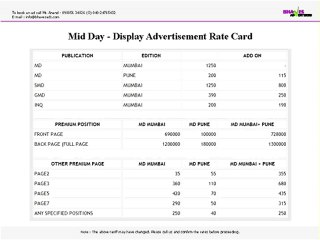 Mid Day Display Advertisement Rate Card