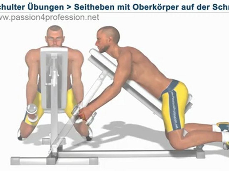 Schulter Übungen, Seitheben mit dem Oberkörper auf der Schrägbank