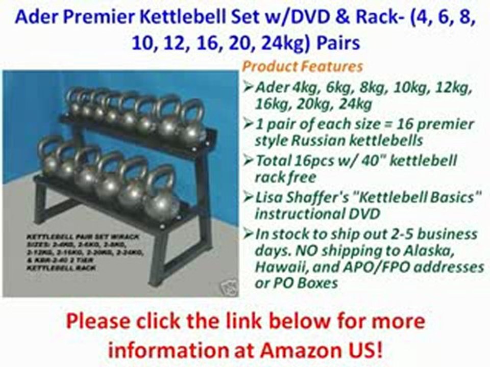 Ader Premier Kettlebell Set w/DVD & Rack- (4, 6, 8, 10, 12, 16, 20, 24kg) Pairs For Sale