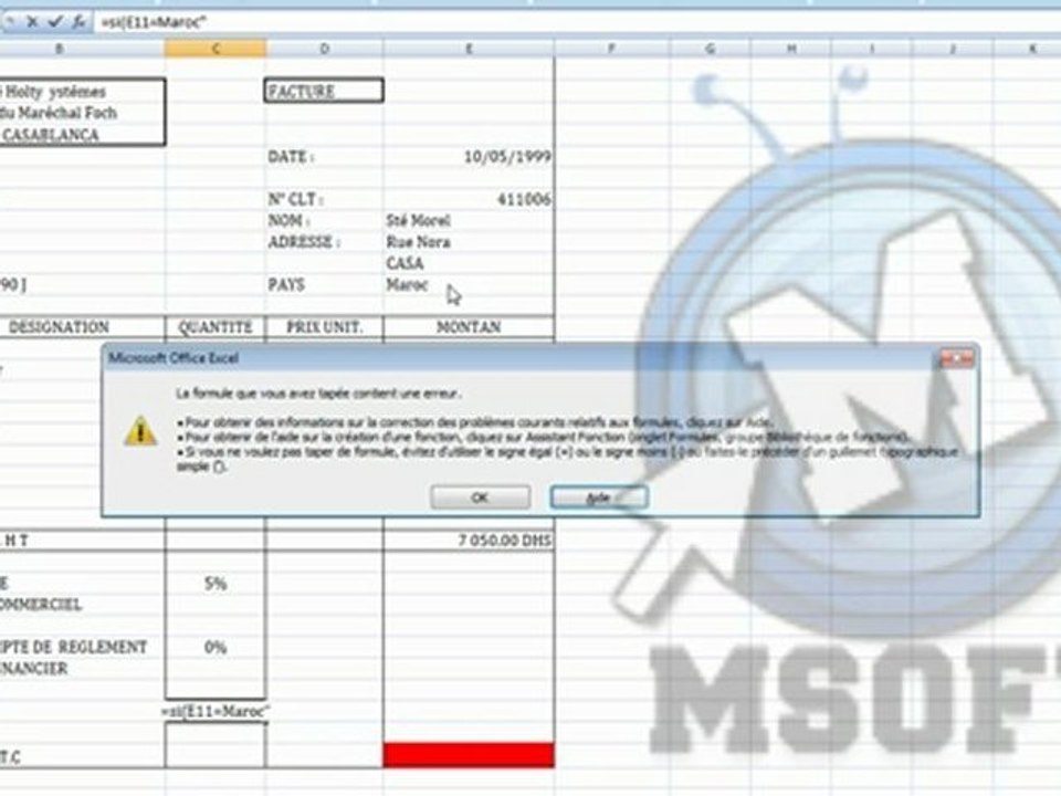 1 - ( Excel )  la fonction SI  avec Calcul d'une facture  (Darija)