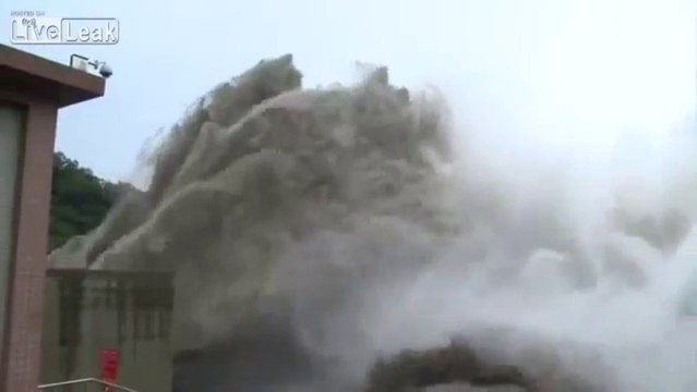 Scary water flow after violent flood and storm in Taiwan.