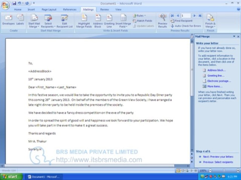 Ms Word 2007 Mail Merge in Hindi