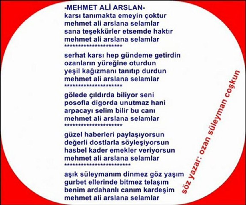 YAZAR ve OZAN : Ozan süleyman COŞKUN - MEHMET ALİ ARSLAN için Yazdı