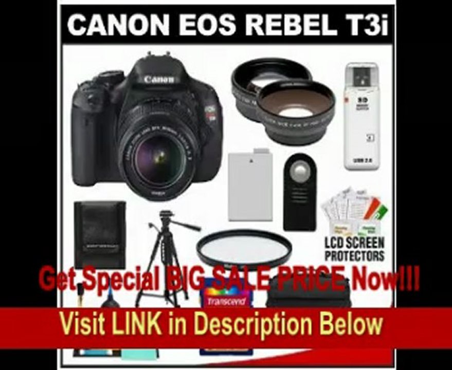 Canon EOS Rebel T3i Digital SLR Camera Body & EF-S 18-55mm IS 5mm IS II Lens with 32GB Card + .45x Wide Angle & 2x Telephoto Lenses + Battery + Remote + Filter + Tripod + Accessory Kit