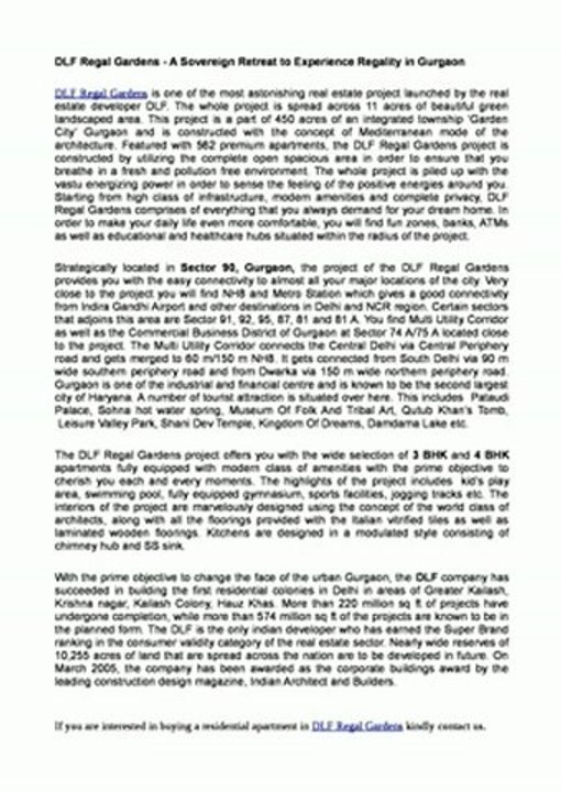 DLF Regal Gardens - A Sovereign Retreat to Experience Regality in Gurgaon