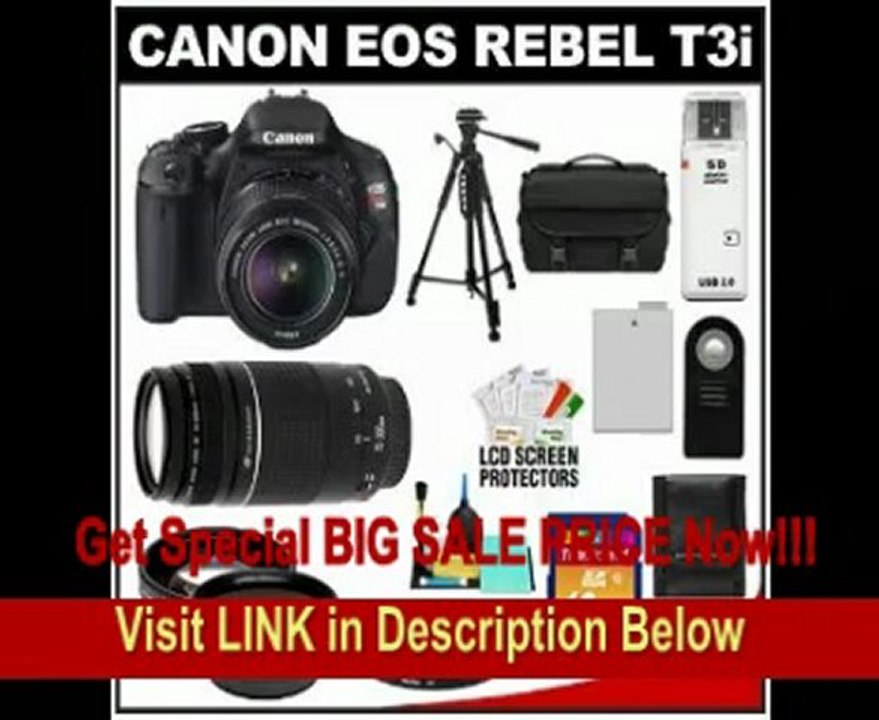 Canon EOS Rebel T3i Digital SLR Camera Body & EF-S 18-55mm IS II Lens with 75-300mm III Lens + 16GB Card + .45x Wide Angle & 2x Telephoto Lenses + Battery + Remote + (2) Filters + Tripod + Accessory Kit
