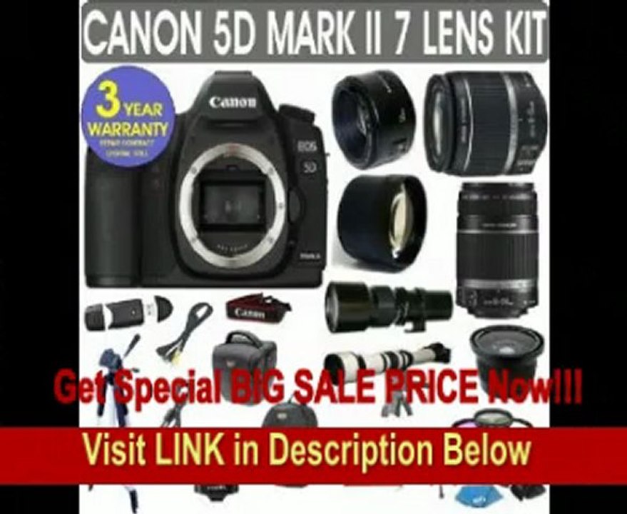 Canon EOS 5D MARK II + Canon EF 28-135mm Lens + Canon EF 75-300mm UltraSonic Lens + Canon 50mm Lens +500mm Preset Lens + 650-1300mm Lens + .40x Fisheye Lens + 2x Telephoto Lens + 3 Year Celltime Warranty Repair Contract