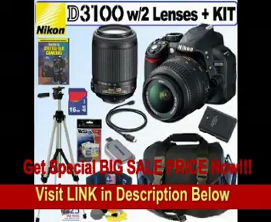 Nikon D3100 14.2MP Digital SLR Camera with 18-55mm f/3.5-5.6G AF-S DX VR and 55-200mm f/4-5.6G ED IF AF-S DX VR Zoom-Nikkor Lenses + 16GB Deluxe Accessory Kit