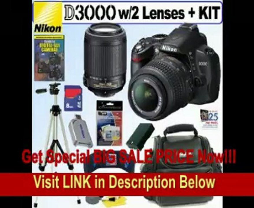 Nikon D3000 10MP Digital SLR Camera with 18-55mm f/3.5-5.6G AF-S DX VR and 55-200mm f/4-5.6G ED IF AF-S DX VR Zoom-Nikkor Lenses + 8GB Deluxe Accessory Kit