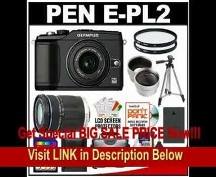 Olympus Pen E-PL2 Micro 4/3 Digital Camera & 14-42mm & 40-150mm Lens (Black) with 32GB Card + Battery + Case + Tripod + (2) Filters + Wide Angle & Telephoto Lens Kit FOR SALE
