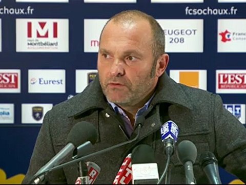 Conférence de presse FC Sochaux-Montbéliard - Evian TG FC : Eric HELY (FCSM) - Pascal DUPRAZ (ETG) - saison 2012/2013
