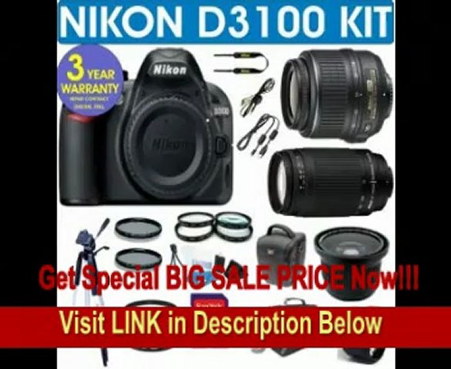 BEST PRICE Nikon D3100 Digital Camera + Nikon 18-55 VR Zoom Lens + Nikon 70-300 Telephoto Zoom Lens + .40x Super Wide Angle Fisheye Lens + 2x Telephoto Lens + 4 Piece Macro Kit + 16GB Memory Card + 3 Year Celltime Warranty
