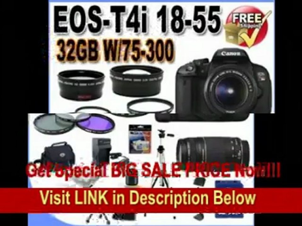 [BEST BUY] Canon EOS Rebel T4i 18.0 MP CMOS Digital SLR with 18-55mm EF-S IS II Lens & Canon 75-300 Lens + 58mm 2x Telephoto lens + 58mm Wide Angle Lens (4 Lens Kit!!!!!!) W/32GB SDHC Memory+ 2 Extra Batteries +