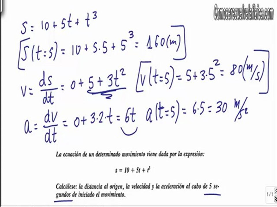 Problema resuelto de cinematica (4) calcular distancia velocidad y aceleracion