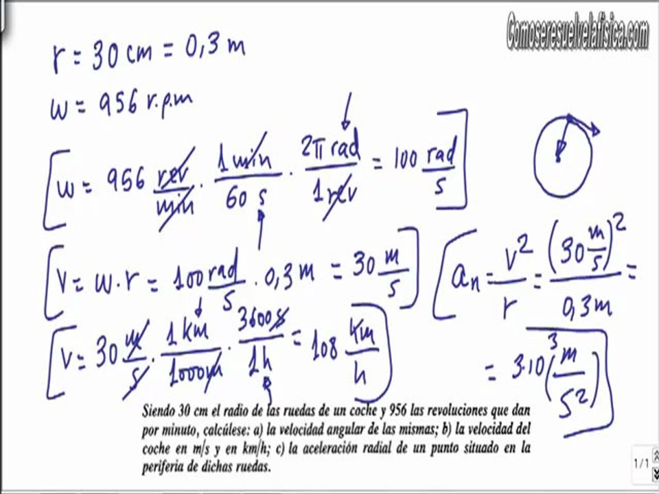 Problema resuelto de cinematica (3) calcular velocidad angular y aceleracion normal de una rueda