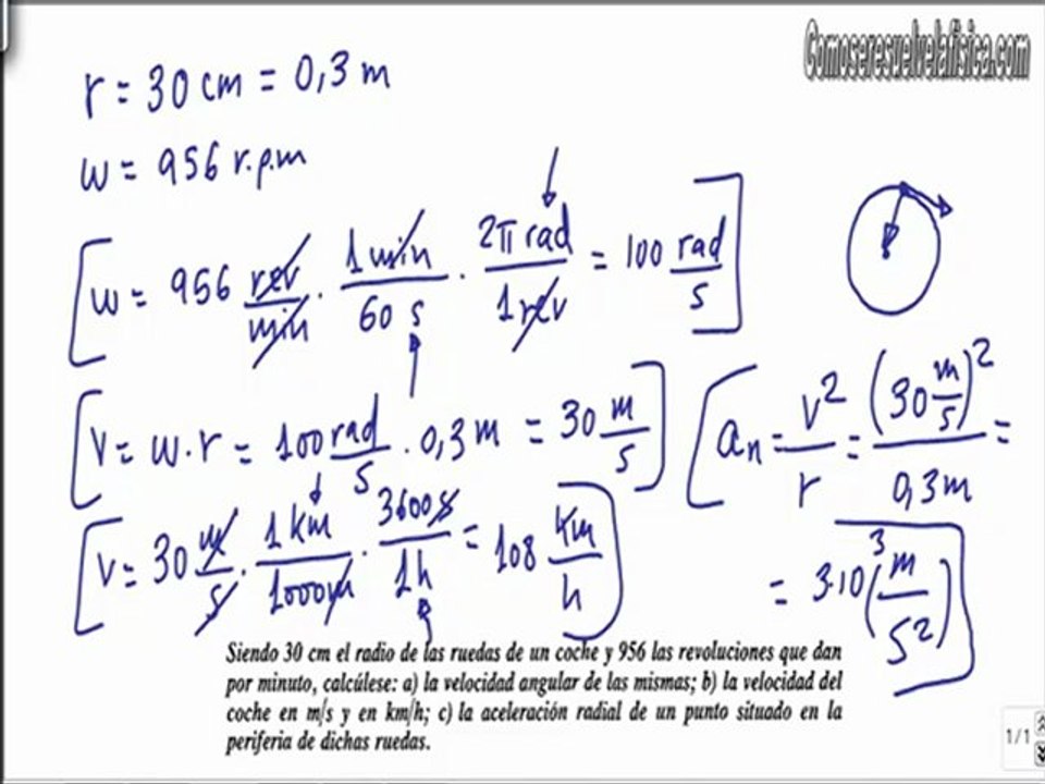 Problema resuelto de cinematica (3) calcular velocidad angular y aceleracion normal de una rueda
